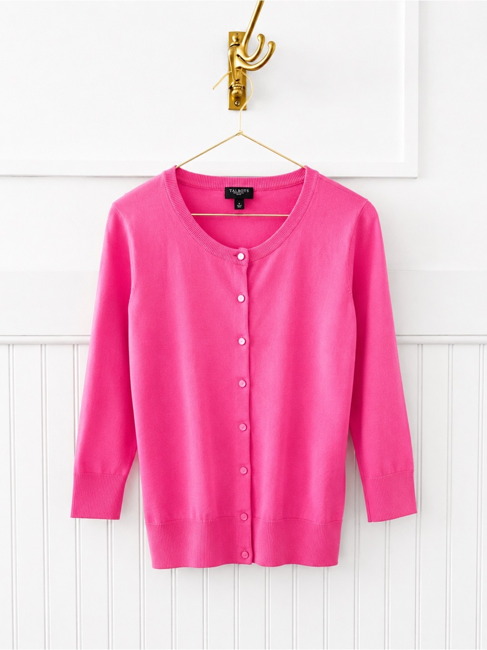 Talbots Vibrant Hot Pink Button-Front Crewneck Cardigan